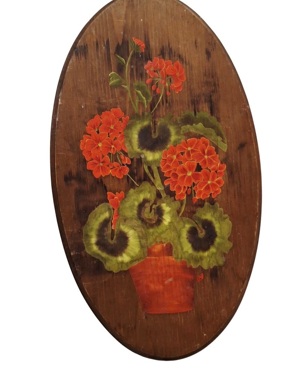 Vintage Oval Wooden Wall Plaque With Hand-Painted Geranium Design Folk Art 1970